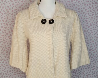 Gracie Cropped Sweater Jacket with Oversize Buttons, Bell Sleeves, Cream Color, Size Women's Large, Vintage Bolero Coat