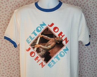 Elton John Piano Diamond Vintage Style Ringer Band Tee, White & Blue, Men's Size, By Rock Off