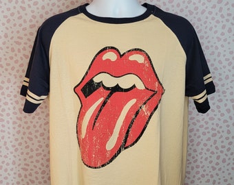 Rolling Stones Lick Raglan, Natural & Navy Blue, Men's Size Must Have Rolling Stones Tee, High Quality by Rock Off