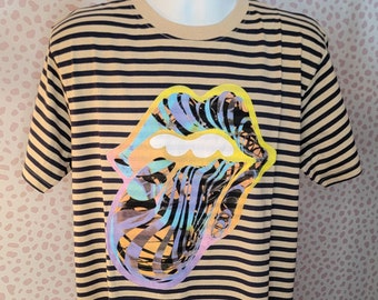 Rolling Stones Cyberdelic Striped Band Tee, Natural & Black Striped, Men's Size High Quality T-Shirt by Rock Off