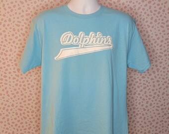 Vintage Dolphins Iron On Light Blue Tee, Gildan Heavy Cotton Men's Size Large