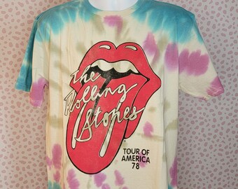 Rolling Stones Tour of USA '78 Tie Dye Band Tee, High Quality Men's Size Tee, Blue, Purple, Gray on White Tee, High Quality by Rock Off