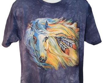 War Horse Flowing Mane The Mountain Tee, Blue Dip Dyed, Men's Size, Vintage Nature Tee, From Our Vintage Recycle Wear Collection