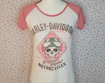 Harley Davidson Scoop Neck Women's Size Small Burn Out Tee, Red & White Strips, Rhinestones embellishment, Scottsdale Arizona HD