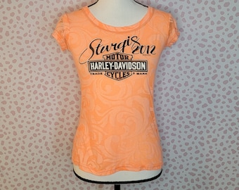 Harley Davidson Sturgis South Dakota, Burn Out Tee, Women's Size Medium, Orange, Back Print, Fitted Tee