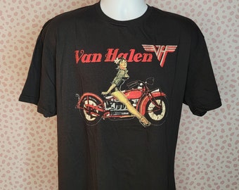 Van Halen Classic Pinup Girl on a Motorcycle Band Tee, Men's Size, Black Gildan Softstyle T-Shirt