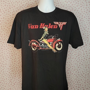 Van Halen Classic Pinup Girl on a Motorcycle Band Tee, Men&#39;s Size, Black Gildan Softstyle T-Shirt by Rock Off