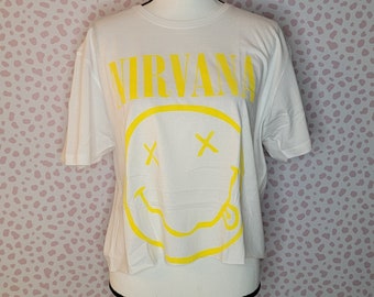 Nirvana Happy Face Crop Top, White Tee, Men's Size XL