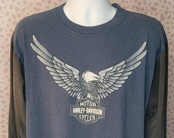 90's Vintage Harley Davidson Long Sleeve Raglan, HD of Prestonsburg Kentucky, Back Print, Men's Size XL, Blue & Charcoal