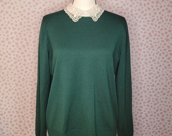 Cable & Gauge Hunter Green Sweater, Lace Collar, Key Hole Opening Two Hook Closure, Size XL