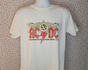 ACDC Australian Hard Rock Since 1973, White Vintage Style Band Tee, Men's Size, by Rock Off