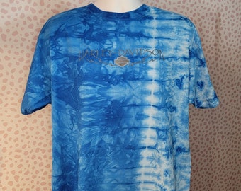 Harley Davidson Orlando, Florida Blue/White Tie Dye Tee, Embroidered on front and back, Men's Size Large, High Quality