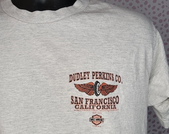 1996 Vintage Harley Davidson Dudley Perkins Co. T-Shirt, San Francisco, CA, World's Oldest HD Dealership, Light Gray, Men's Size Large