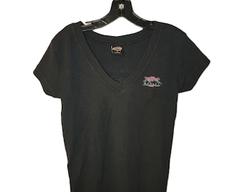 Vintage 1995 Harley Davidson V-Neck Tee, Back Print, Zook's Harley Davidson, Des Moines, Iowa, Women's Size Large