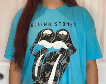 Rolling Stones Steel Wheels Vintage Style Band Tee, Oversized Beautiful Blue Tee