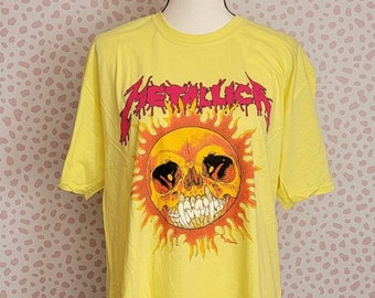 Metallica Yellow Flaming Sun Vintage Style Concert Tee in Men's Size, High Quality Softstyle T-Shirt by MerchTraffic