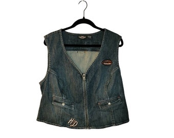 Harley Davidson Denim Zip Up Vest, Women's Size XL, Embroidered Details on Front & Back