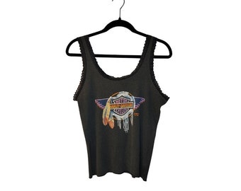 3D Emblem 1990 Vintage Harley Davidson Tank Top, St. Croix, New Richmond WI, Size XL, Tank Top with lace detail, Back Print, Boho Style