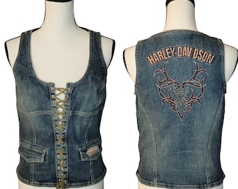 Harley Davidson Lace Up Corset Denim Vest, Women's Size Medium, Embroidered Details on Front & Back, Zip Up Side