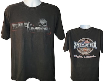 Harley Davidson Skull Vintage Tee, Zylstra Harley Davidson of Elgin, Illinois, Back Print, Men's Size Large, Hanes Beef R.K. Stratman Tshirt