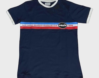 Oasis Ringer 1996 Tour Horizontal Stripes Vintage Style Tee, Men's Size, High Quality Navy Blue Ringer T-Shirt by Rock Off