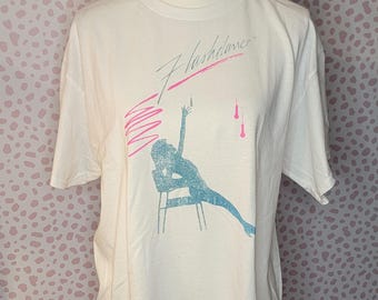 Flashdance 80's Movie Vintage Graphic Tee, White, Gildan Heavy Cotton Men's Size Large, Distressed Graphics