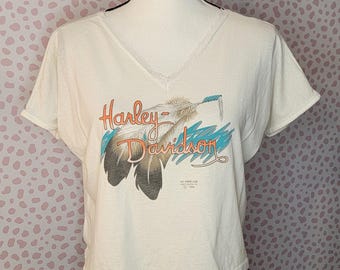 1990 3D Emblem Harley Davidson Crop Top, White with Lace Detail, Blackfoot Idaho, Back Print, Women's Size Large