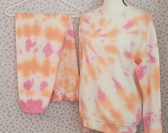 Orange, Pink & White Tie Dye Sweatsuit, Cute and Comfy!  Sweatpants have draw string and elastic ankles, Men's Size Small