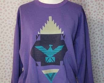 Vintage 90's Sweatshirt, Southwest Native Tribal Art, Purple Sweatshirt, Size Large