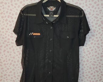 Harley Davidson Mesh Button Up Shirt, Women's Size XL, See Through Button Up, Embroidered on front pocket