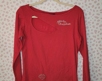 Harley Davidson Long Sleeve Sparkly Red Women's Top with Sexy Cut Out on front, Women's Size Large, Killer Creek HD, Roswell Georgia