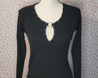 Black Long Sleeve Keyhole Top | Metal Ring & Stud Detail | Edgy Women’s Shirt | Size Small/Medium | Gothic Punk Festival Top