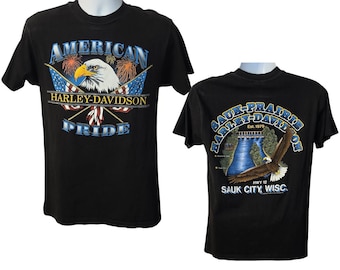 1989 Harley Davidson Vintage Tee, American Pride, Sauk City, Wisc., Back Print, Men's Size Medium