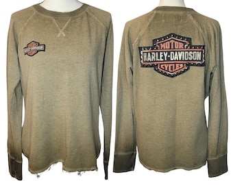 Harley Davidson Vintage Sweatshirt, Raglan Style, Studded on Back, Brown/Olive, Women's Size XL