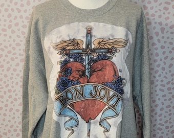 Bon Jovi Pierced Heart Tattoo Upcycled Sweatshirt, Gildan Heavy Blend Men's Size Large