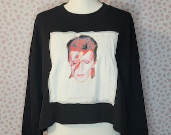 David Bowie Aladdin Sane Upcycle Cropped Sweatshirt, High Low Hem, Size XL, Oversize Fit