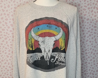 Feelin' Fine Highway Upcycled Sweatshirt, Oversize Jegging Fit, Desert Skull, Women's Size Large