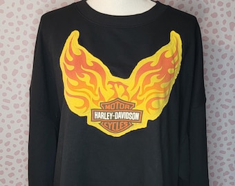 Harley Davidson Upcycle Cropped Sweatshirt, High Low Hem, Size 2X, Oversize Fit