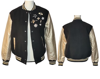 Black & Gold Varsity Jacket with Pins, Women's Size XS/S, Heavy Bomber Jacket, High Quality