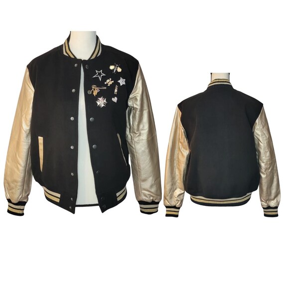 Black & Gold Varsity Jacket With Pins, Women's Size XS/S