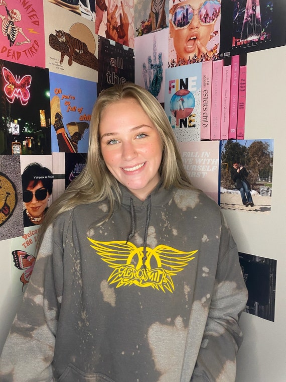 Aerosmith Gray Wing Crest Vintage Distressed Hoodi