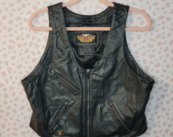 Harley Davidson Women's Genuine Black Leather Vest, Zip Up, Lower Back Lace Up, Women's Size Large