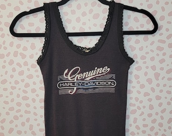 Vintage 1982 Harley Davidson Lace Trim Tank Top, Bob's HD of Harvard, ILL, Back Print, Women's Size XS/S