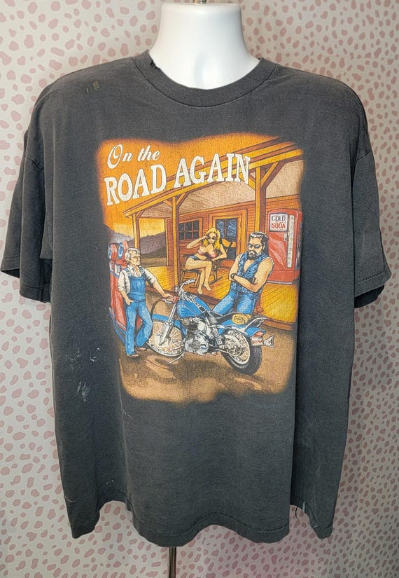 On The Road Again Vintage Biker Tee, Heavy Biker Cotton Men's Size XL, From Our Vintage Recycle Wear Collection