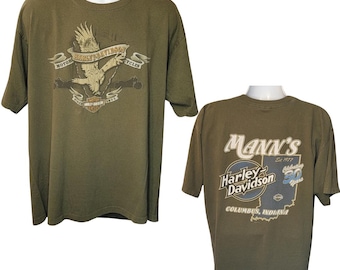 Harley Davidson Vintage Tee, Mann's HD of Columbus, Indiana, Army Green, Back Print, Men's Size XL