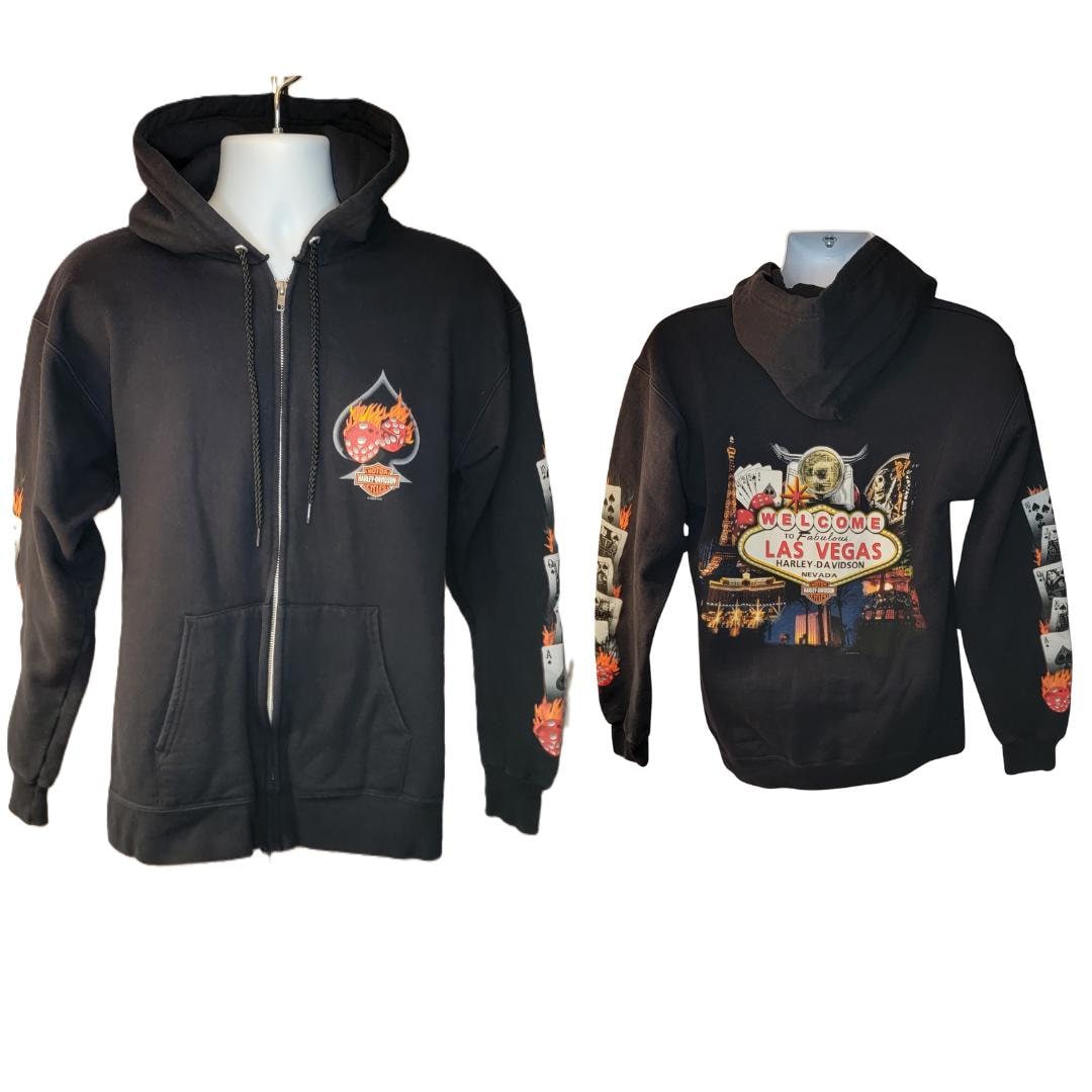 Harley Davidson Full Zip up Hoodie Las Vegas Nevada Flaming Dice Cards Along Both Sleeves Men s Size Small Welcome to Fabulous Las Vegas Etsy