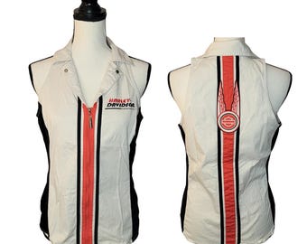 Vintage Harley Davidson Women's White Full Zip Vest, Tank Top with Collar, Embroidered on Front and Back Women's Size Medium