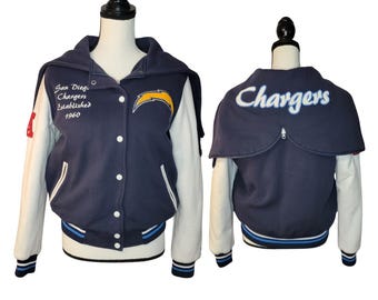 San Diego Chargers Zipper Hood Letterman Jacket, Women's Size Medium, High Quality Vintage Varsity Jacket