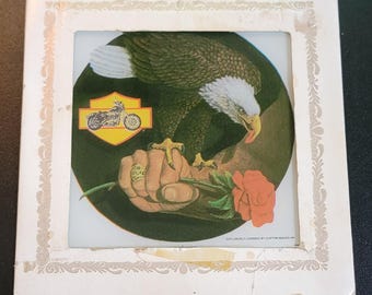 Vintage 80's Harley Davidson Carnival Fair Glass Mirror Prize Eagle and Rose Collectibles