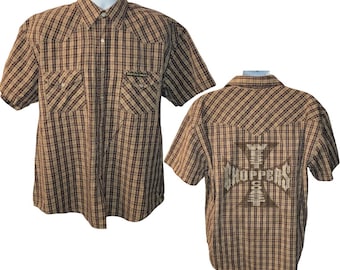 Jesse James Work Wear Plaid Snap Up Short Sleeve Shirt, West Coast Choppers, Back Print, Men's Size Large, Vintage Recycle Wear Collection